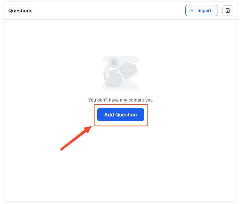 This image is a screenshot of Klasio
new quiz creating screen with 'Add Question' button in highlight.