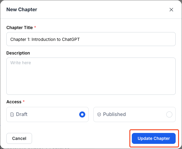 This image contains the screenshot of Klasio new chapter details editing screen with 'Update Chapter' button in highlight