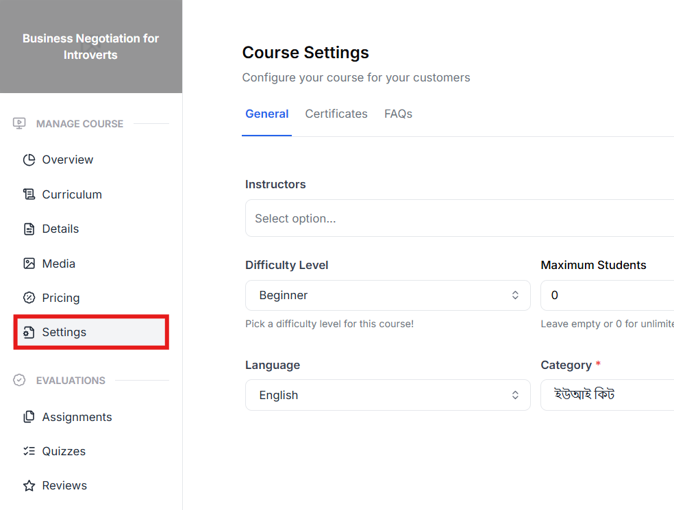 This image contains the screenshot of Klasio course editing dashboard with Settings option highlighted in the menubar.