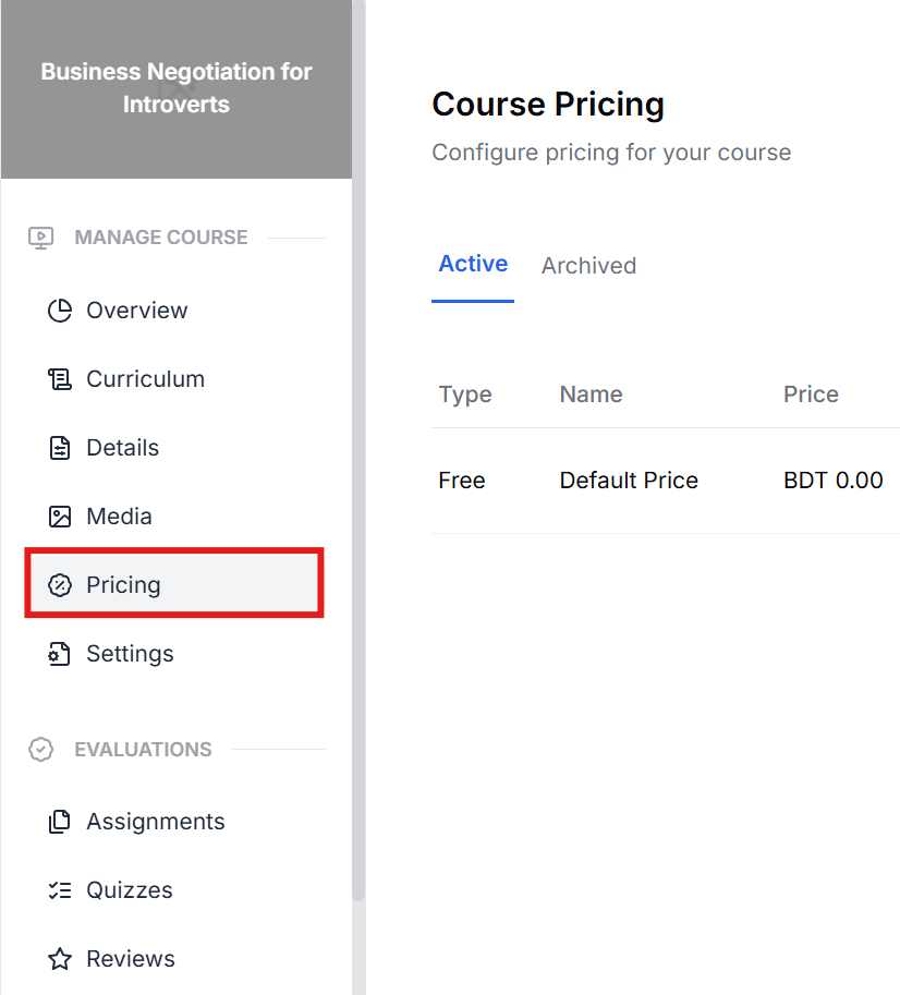 This image contains the screenshot of Klasio course editing menu with Pricing tab in highlight.