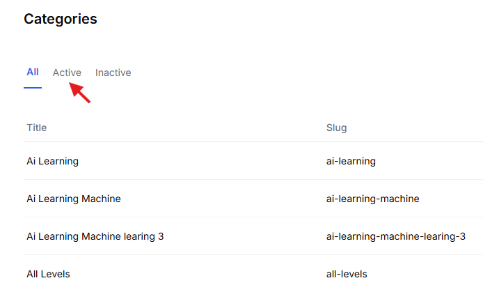 This image is a screenshot of Klasio Course Categories window with the Active Categories tab in highlight.