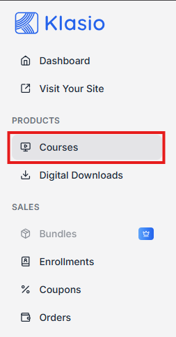This image contains the screenshot of Klasio navigation menu with 'Courses' highlighted with a red bordered rectangle.