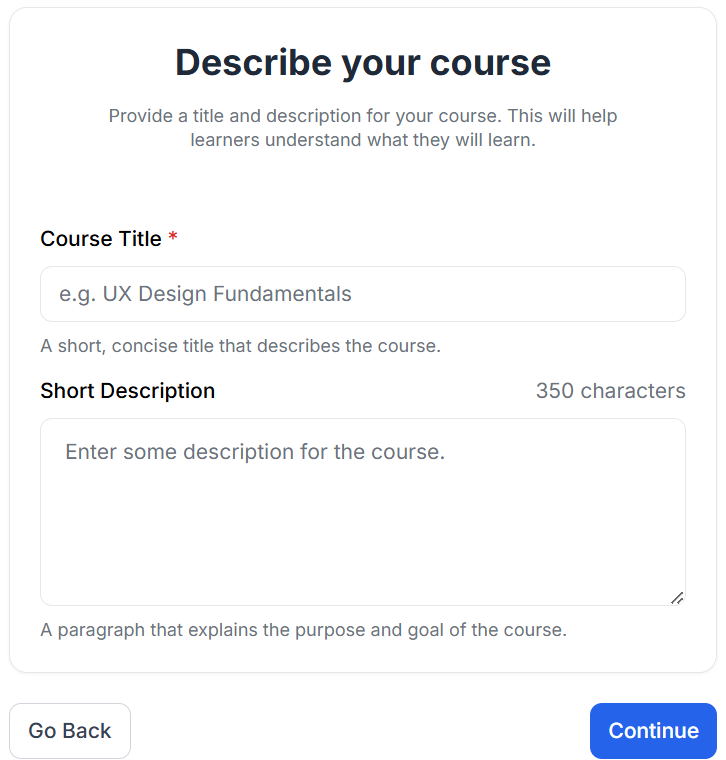 This image contains the screenshot of Klasio Course Title and Course Description input screen.