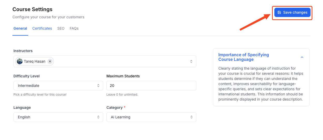This image contains the screenshot of Klasio course settings management panel with 'Save Changes' button highlighted.