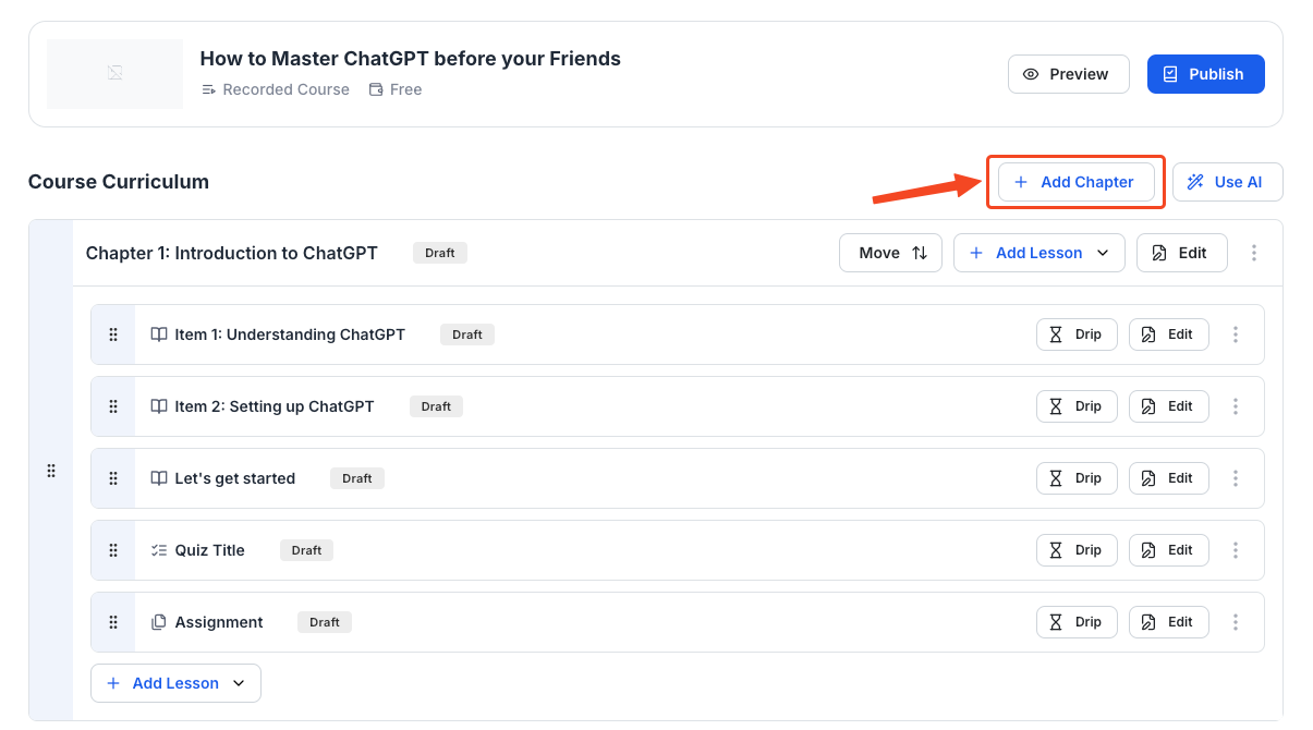 This image contains the screenshot of Klasio course curriculum editing screen with 'Add Chapter' in highlight.