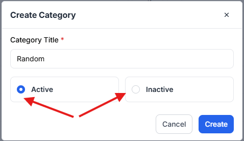 This image is a screenshot of Klasio New Course Category creation window with the Category Status selection option in highlight.