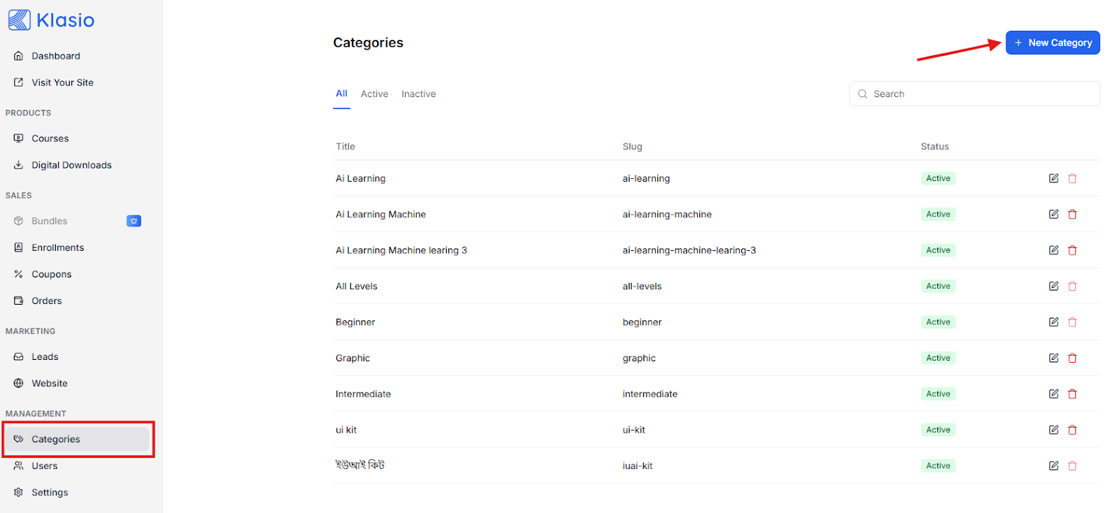 This image is a screenshot of Klasio Course Categories window with the New Category button in highlight.