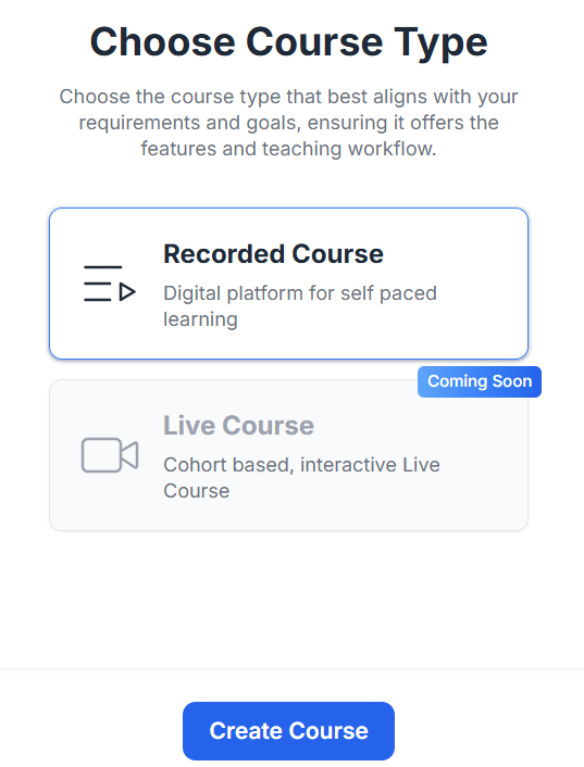 This image contains the screenshot of Klasio course type selection screen while creating a new course.