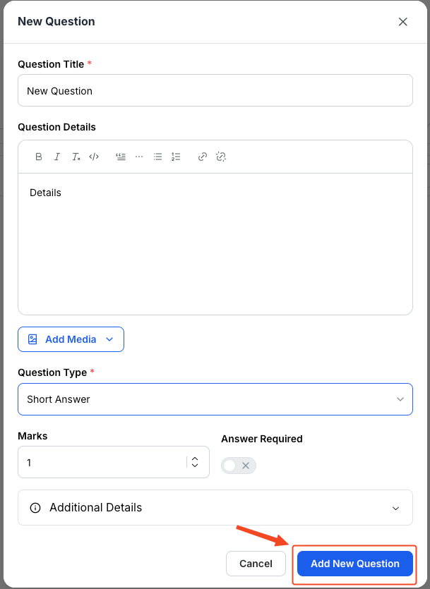 This image is a screenshot of Klasio
new quiz creating screen with 'Add New Question' button in highlight.