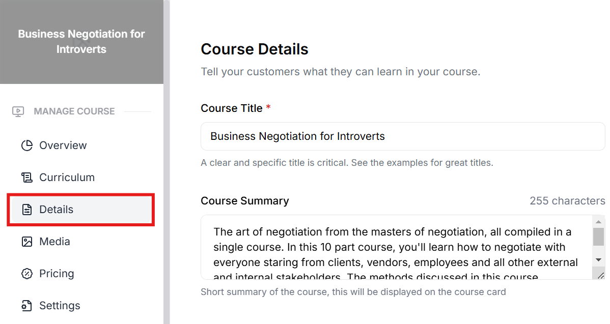 This image contains the screenshot of Klasio Course Description Editing Screen.