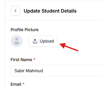 This image is a screenshot of Klasio Student information window with the option to upload astudent profile picture in highlight.