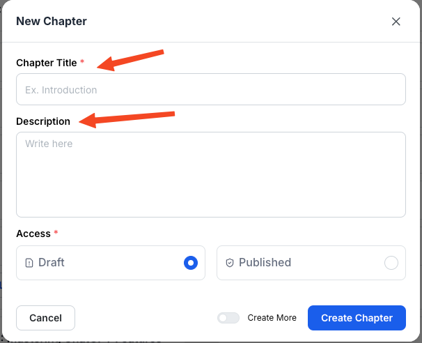 This image contains the screenshot of Klasio new chapter title and description input screen