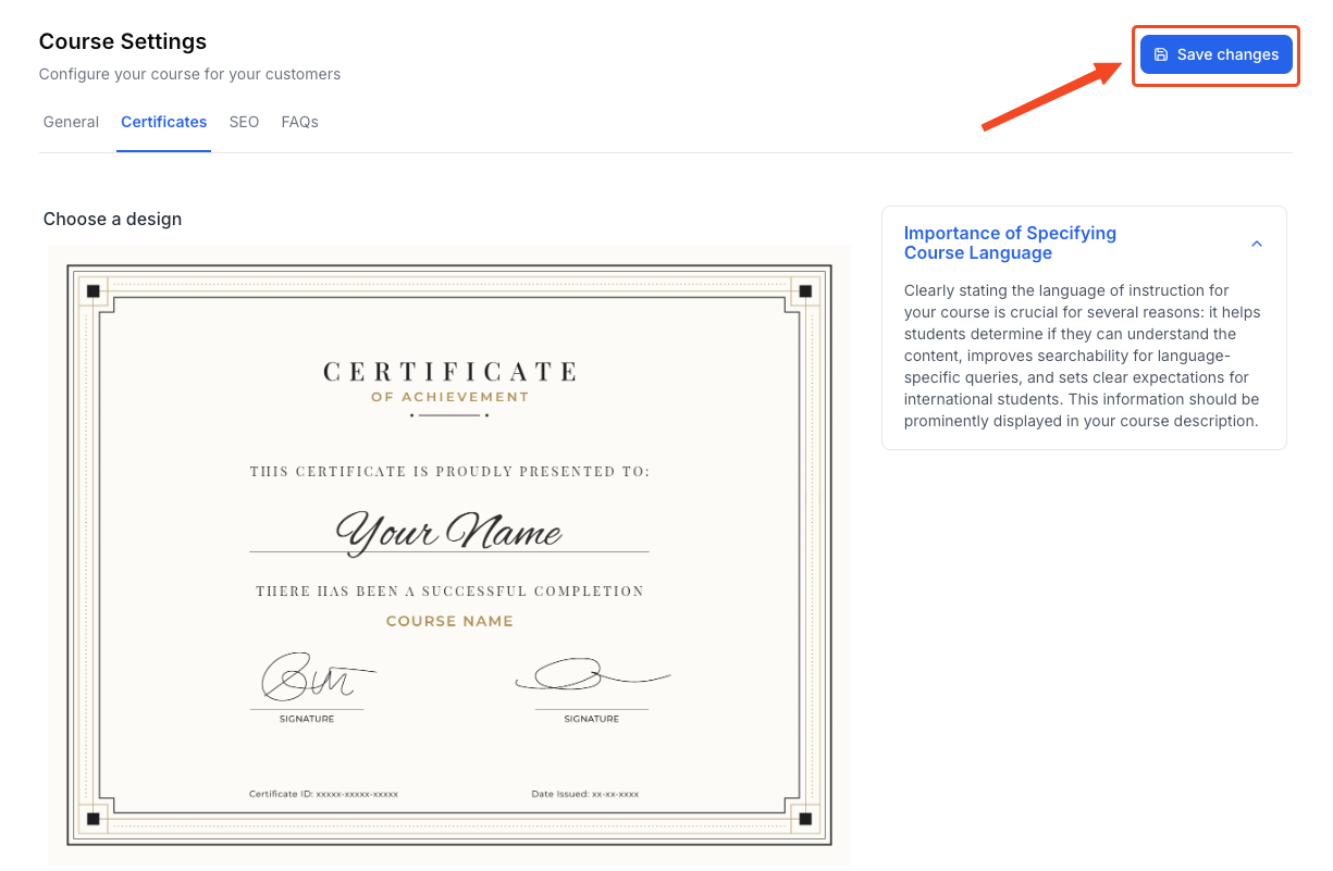 This image contains the screenshot of Klasio course certificate issue option with 'Save Changes' button in highlight