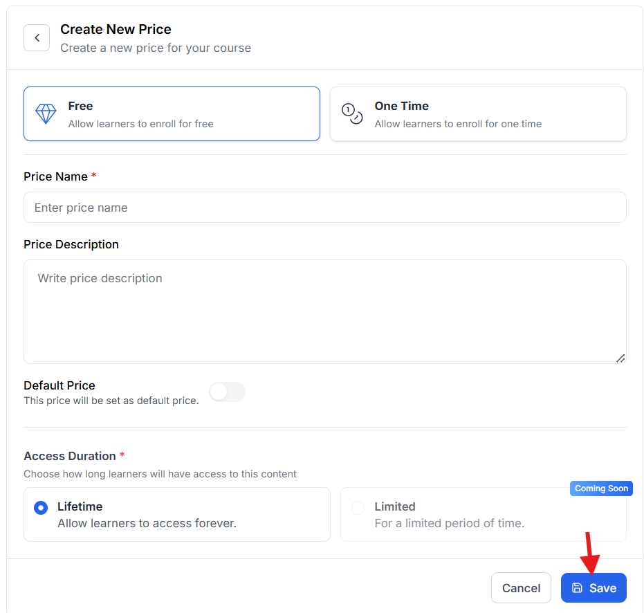This image contains the screenshot of Klasio course price editing menu with 'Save' button in highlight.