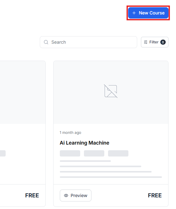 This image contains the screenshot of Klasio Courses screen with the 'New Course' button in highlight.