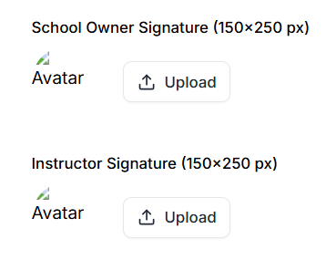 This image contains the screenshot of Klasio course certificate issue section with Signature upload option in highlight.