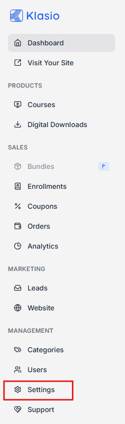 This image is a screenshot of Klasio dashboard navigation with the Settings menu in highlight