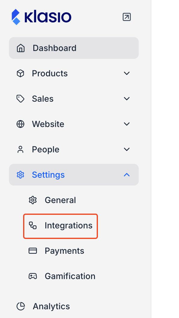 This image is a screenshot of Klasio Settings window with the Integrations tab in highlight. 