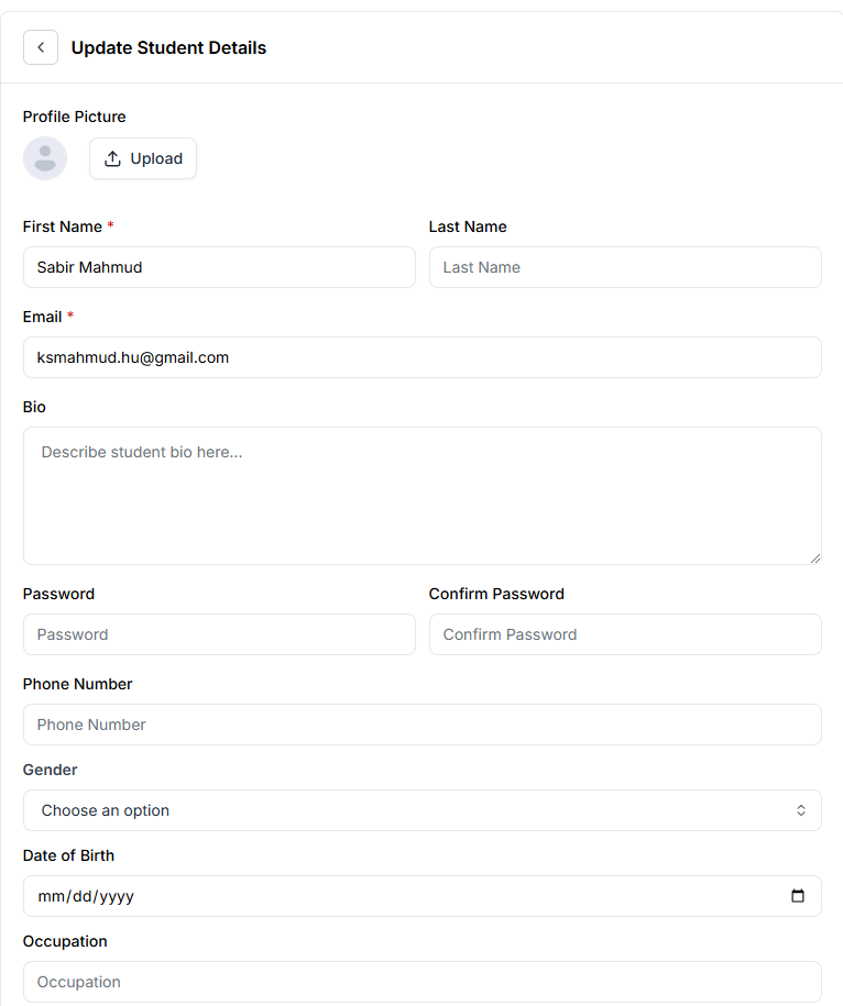This image is a screenshot of Klasio Student information window with the modal popup to update student information in highlight.