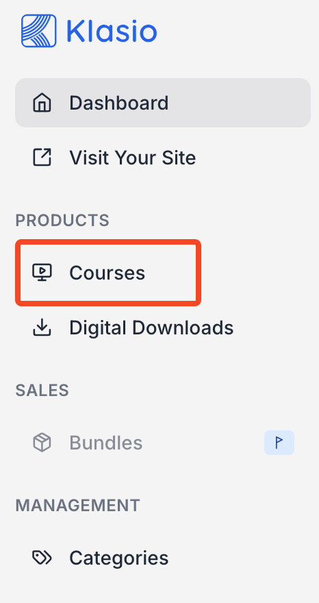 This image is a screenshot of Klasio Instructor Dashboard with Courses menu selected from the navigation bar.