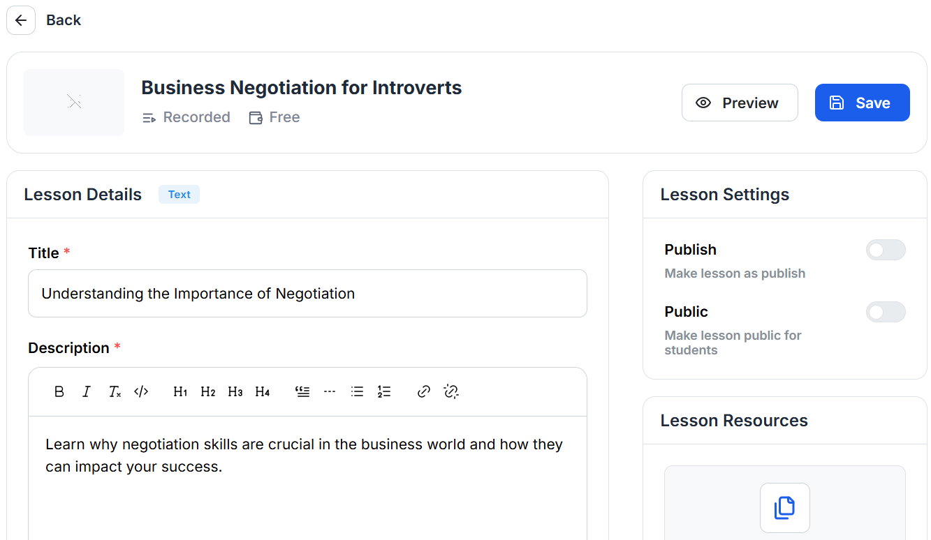 This image contains the screenshot of Klasio lesson details editing screen.