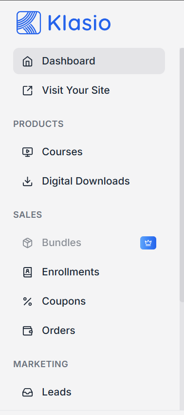 This image contains a screenshot of the Klasio navigation menu with 'Dashboard' as selected.