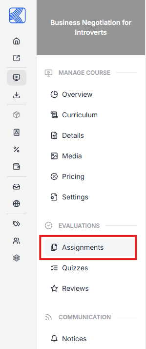 This image contains the screenshot of Klasio Course management window with Assignments in highlight.
