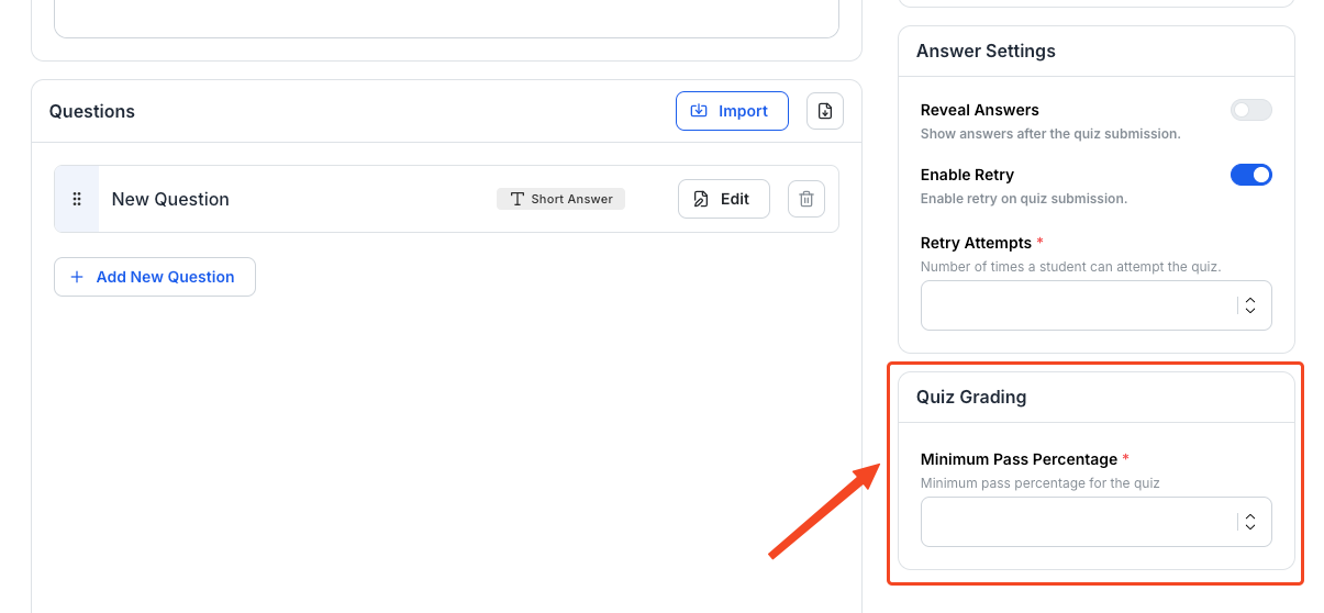 This image is a screenshot of Klasio
new quiz creating screen with Quiz 'Quiz Grading' widget in highlight.