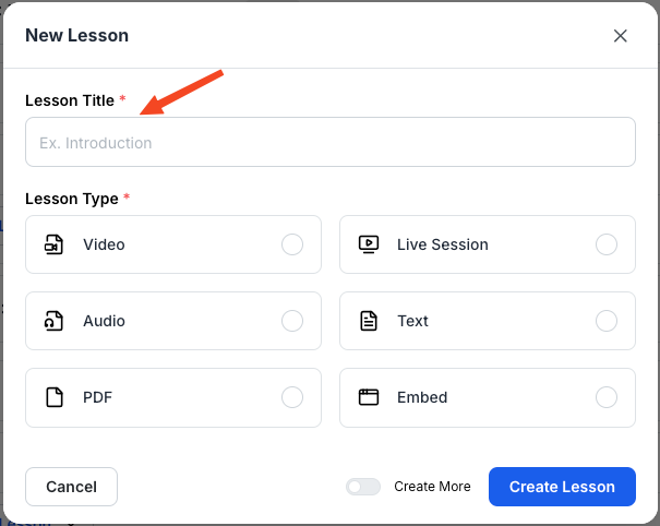 This image is a screenshot of Klasio new lesson creating screen with 'Lesson Title' in highlight.