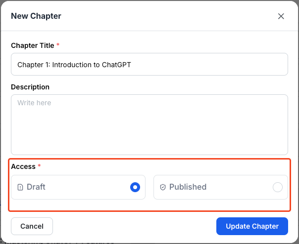 This image contains the screenshot of Klasio new chapter details editing screen with 'Access' types in highlight