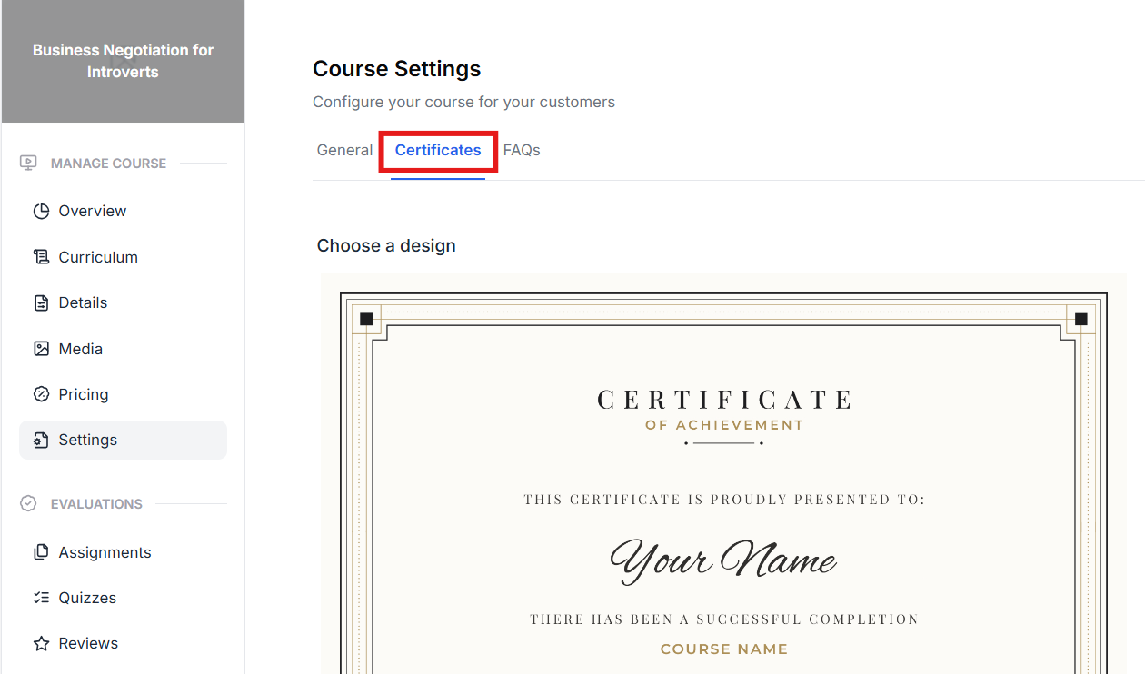 This image contains the screenshot of Klasio certificate issue option under course settings.