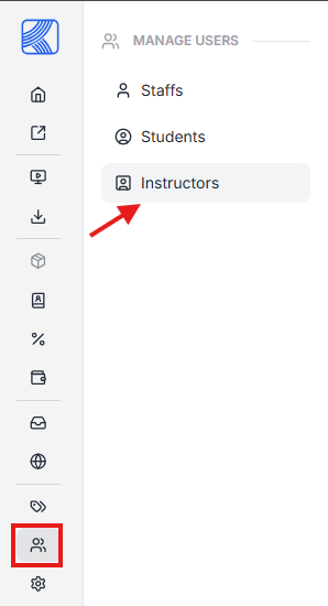 This image is a screenshot of Klasio Users menu with Instructors submenu in highlight.