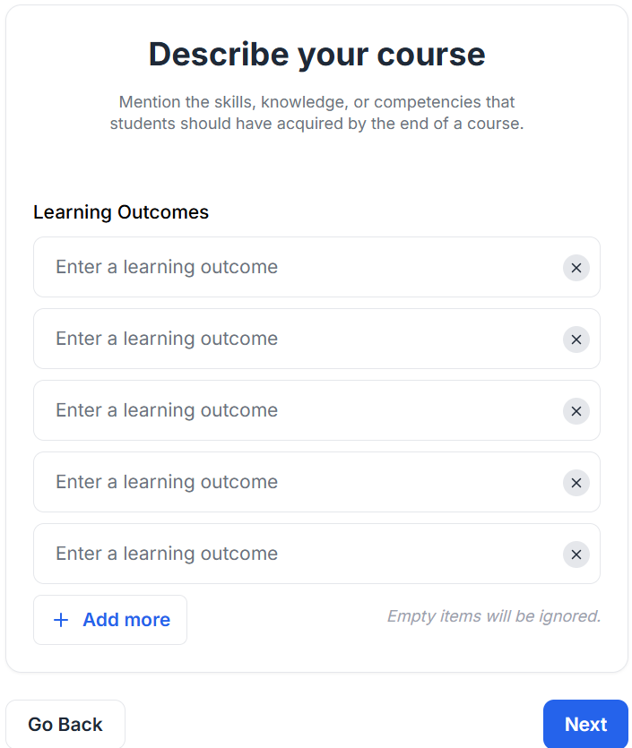 This image contains the screenshot of Klasio Course Learning Outcomes input screen.