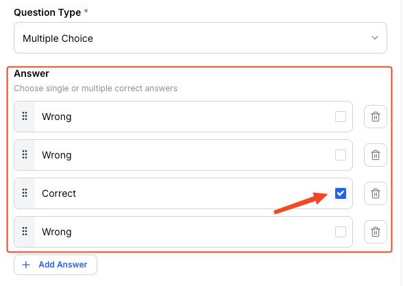 This image is a screenshot of Klasio
new quiz creating screen with Answer input option in highlight.