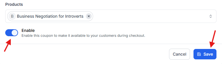 This image is a screenshot of Klasio coupon creation window with the Save button in highlight.