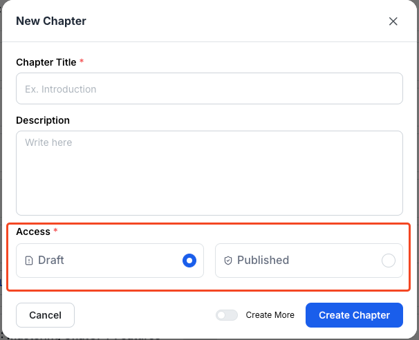 This image contains the screenshot of Klasio new chapter details editing screen with 'Access' types in highlight
