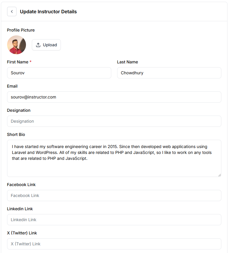 This image is a screenshot of Klasio Instructor information update window with the modal pop up for updating instructor information in highlight.