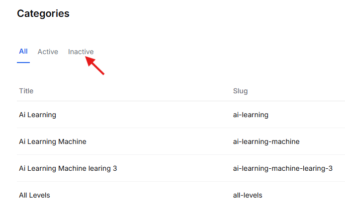 This image is a screenshot of Klasio Course Categories window with the Inactive Categories tab in highlight.