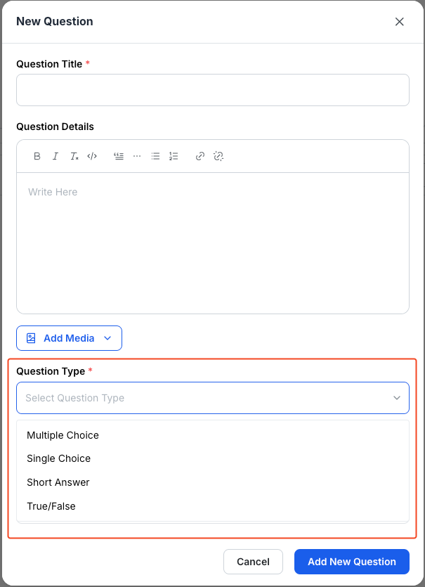 This image is a screenshot of Klasio
new quiz creating screen with 'QuestionType' in highlight.
