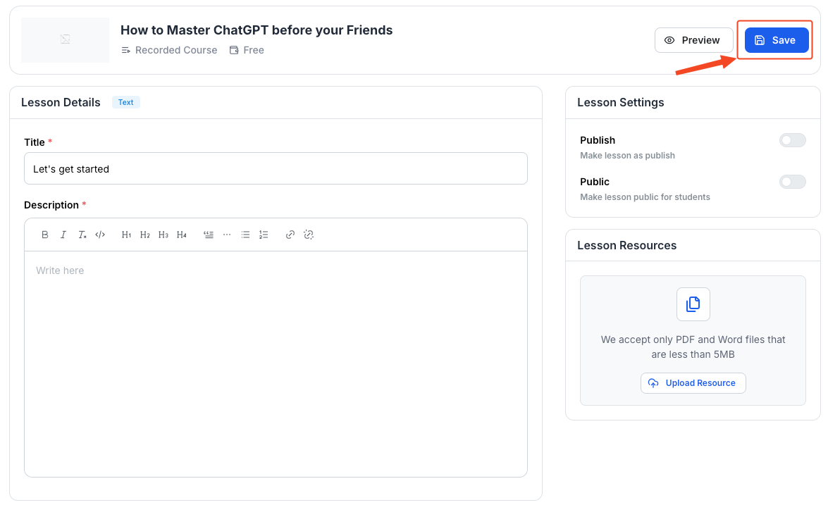This image is a screenshot of Klasio
new lesson creating screen with the 'Save' in highlight.