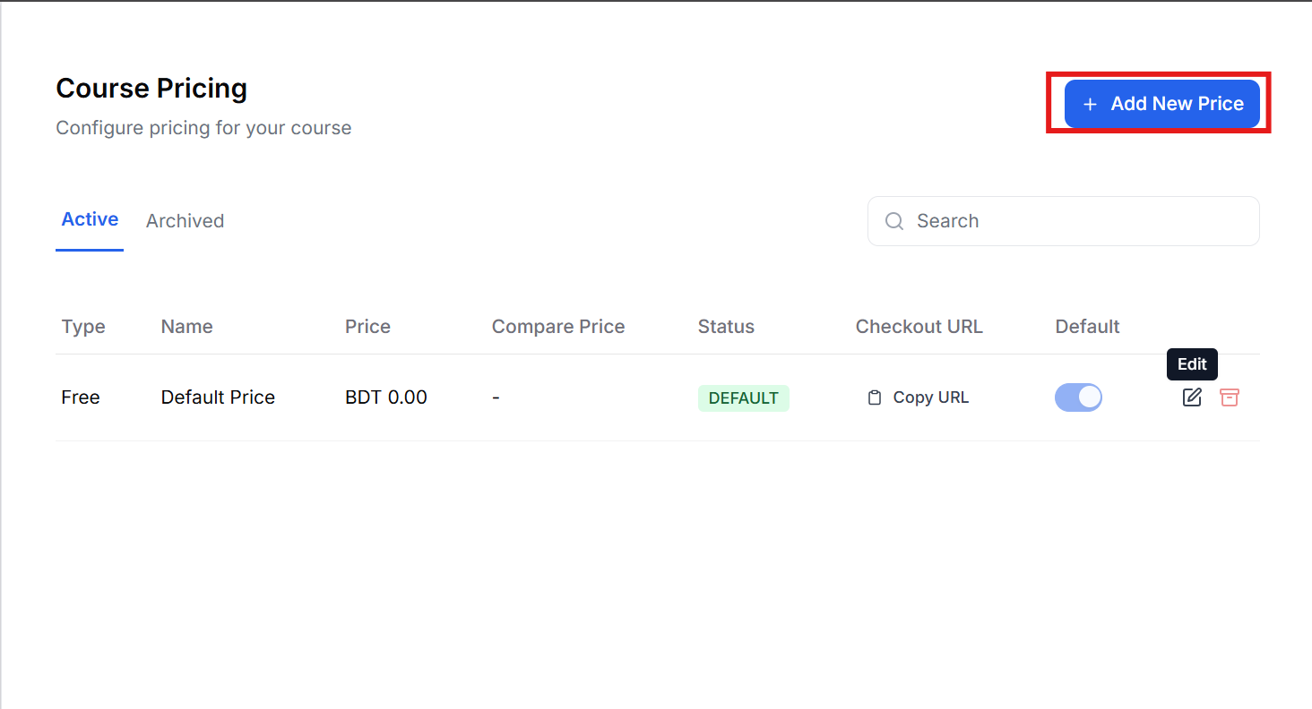 This image contains the screenshot of Klasio course pricing managing option with Add New Price button in highlight.