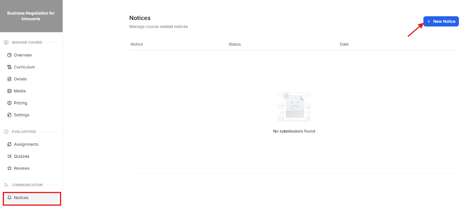 This image contains the screenshot of Klasio course settings menu with 'Notices' in highlight.