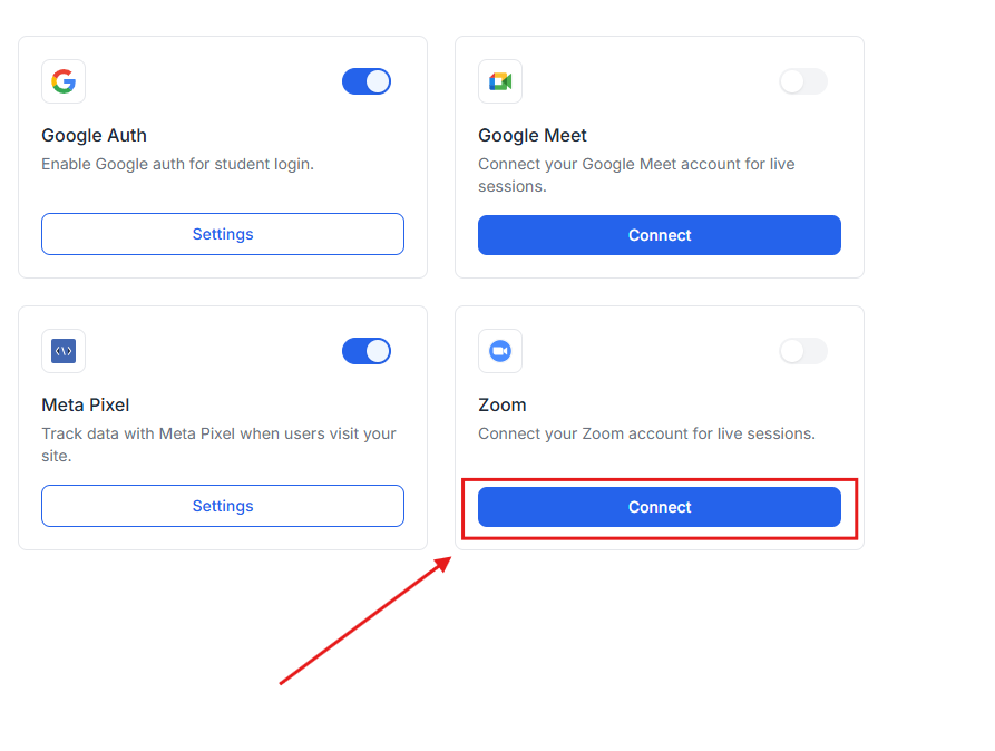 This image is a screenshot of Klasio Zoom Widget under Integrations with the connect button in highlight.