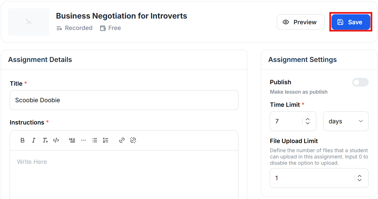 This image is a screenshot of Klasio New Assignment Creation window with 'Save' button in highlight