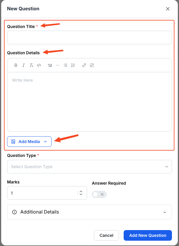 This image is a screenshot of Klasio
new quiz creating screen with 'Question Title', 'Question Details' and 'Add Media' in highlight.