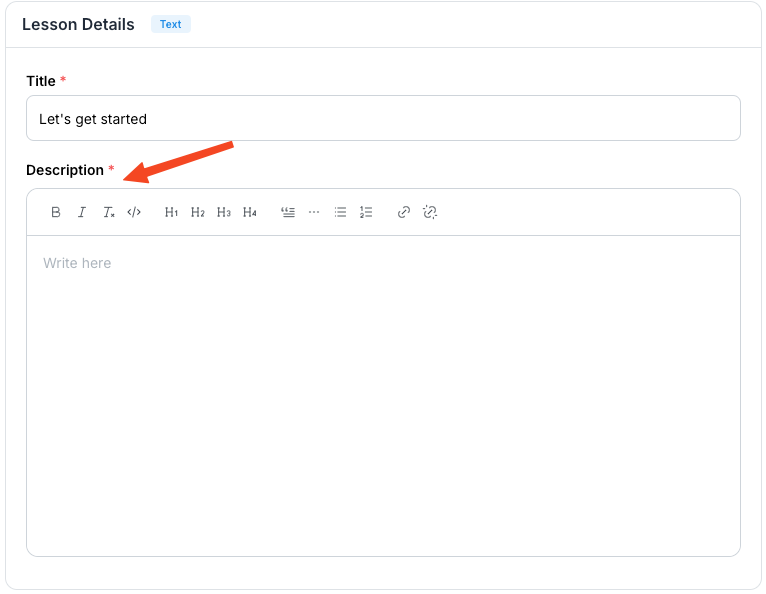 This image is a screenshot of Klasio
new lesson creating screen with 'Description' in highlight.