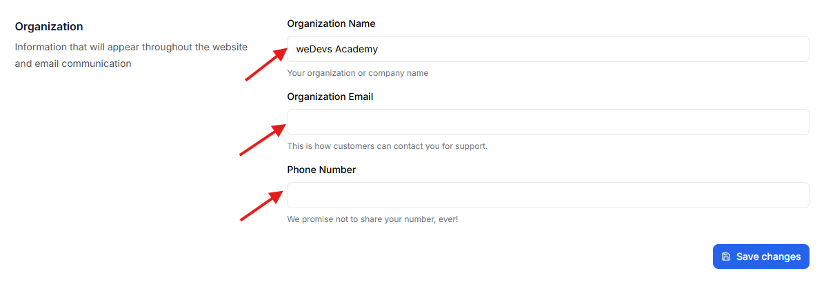 This image is a screenshot of Klasio Organization Details updating window with the option to change Organization Name, Email and Number in highlight.