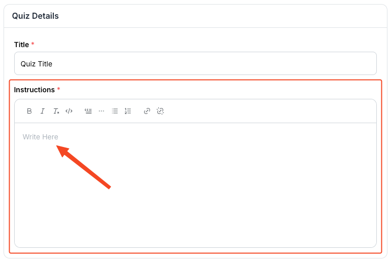 This image is a screenshot of Klasio
new quiz creating screen with 'Instructions' in highlight.