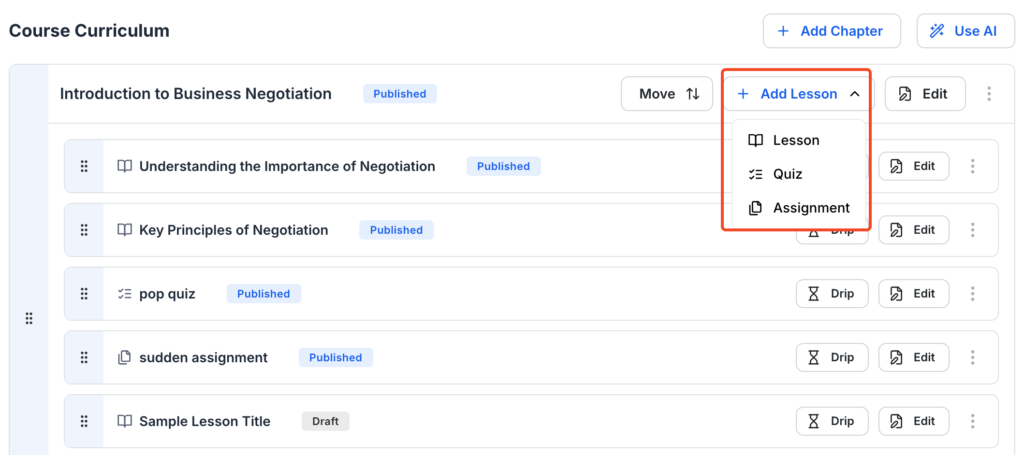 This image contains the screenshot of Klasio course curriculum editing screen with 'Add Lesson' button in highlight.