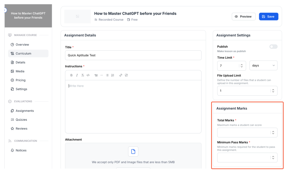 This image is a screenshot of Klasio New Assignment Creation window with the option to configure assignment marks in highlight